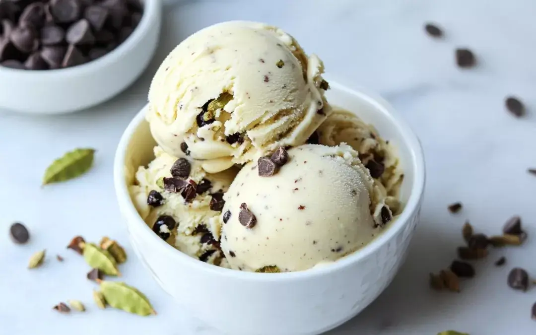 Cardamom ice cream and dark chocolate chips