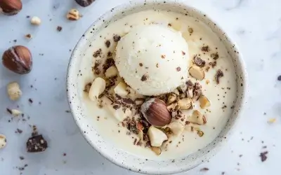 White chocolate and roasted hazelnut ice cream