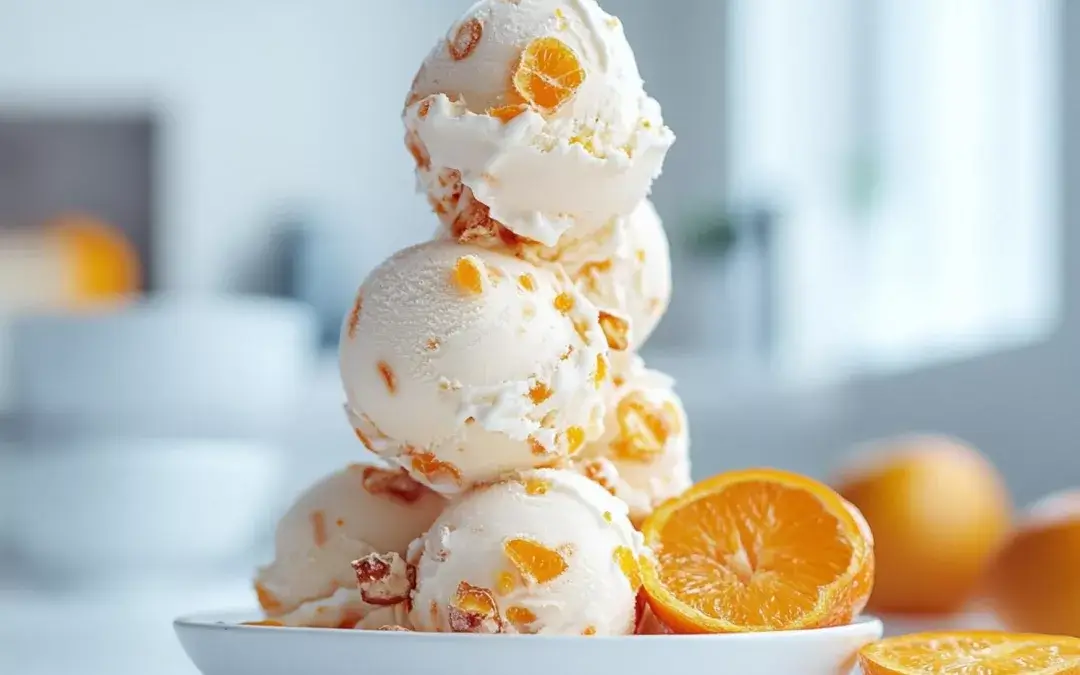 Candied clementine ice cream and meringue pieces