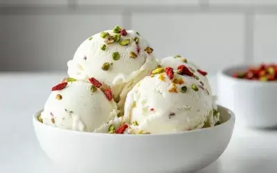 Yogurt ice cream, goji berries and pistachio pieces