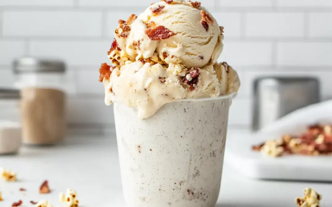 Caramelized popcorn ice cream and bacon